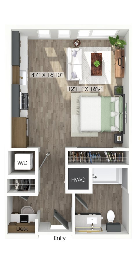 Floor plan for studio, 1 bath, 538 sqft